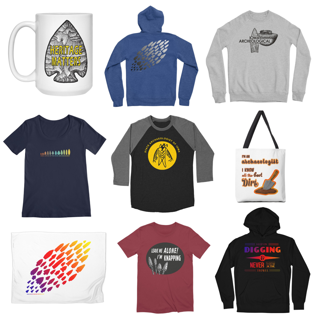 Apparel and accessories showing various Iowa archaeology logos